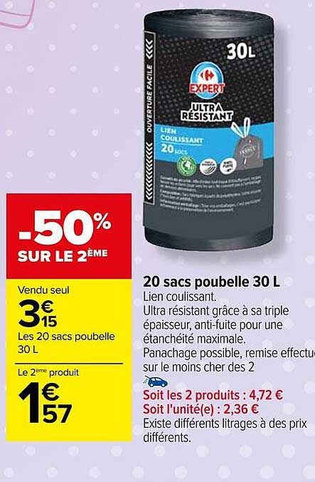 20 Sacs Poubelle 30l Carrefour Expert