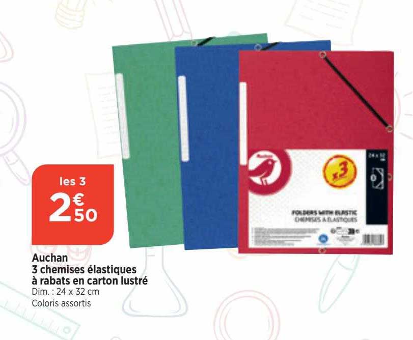 auchan 3 chemises élastiques à rabats en carton lustré