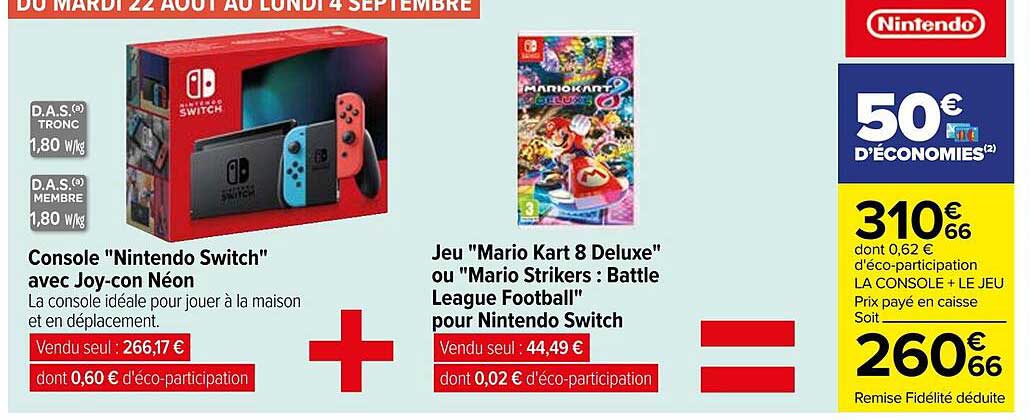 console "nintendo switch" avec joy-con néon + jeu "mario kart 8 deluxe" ou "mario strikers : battle league football" pour nintendo switch