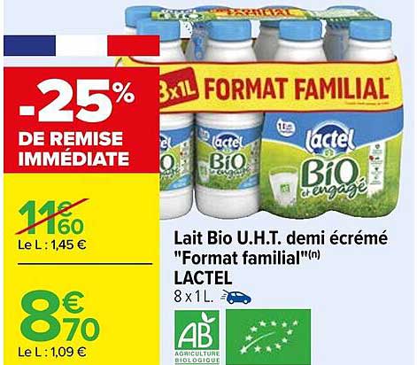 lait bio u.h.t. demi écrémé "format familial" lactel