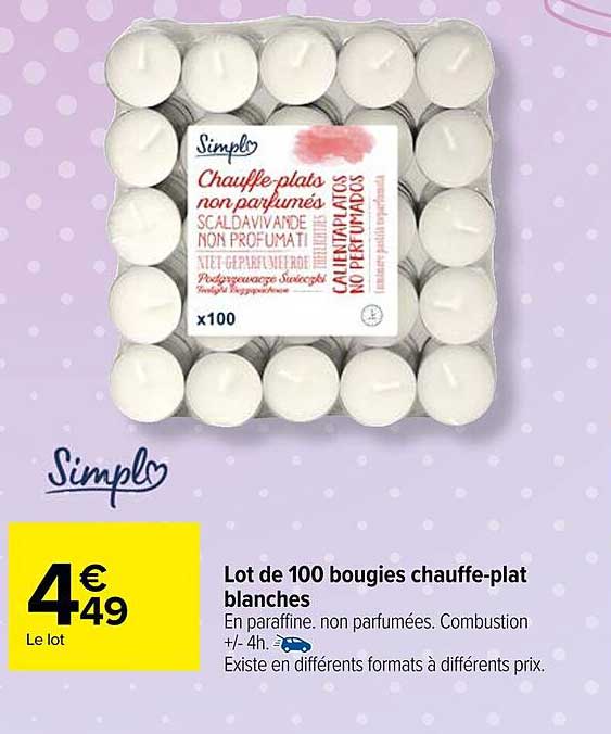 lot de 100 bougies chauffe-plat blanches simpl