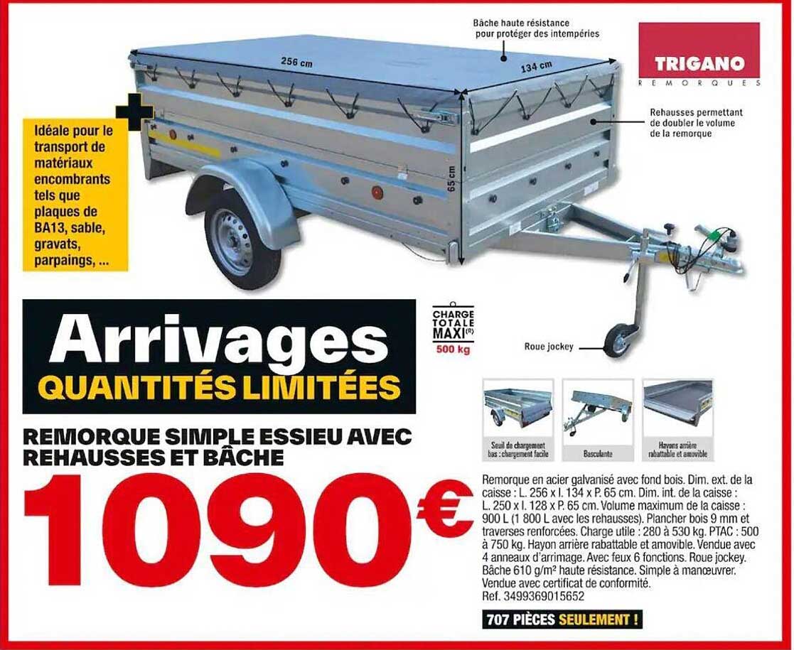 remorque simple essieu avec rehausses et bâche