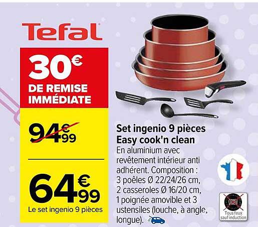 set ingenio 9 pièces easy cook'n clean tefal