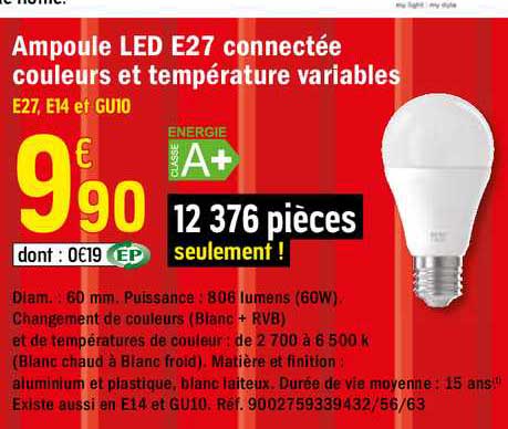 ampoule led e27 connectée couleurs et température variables