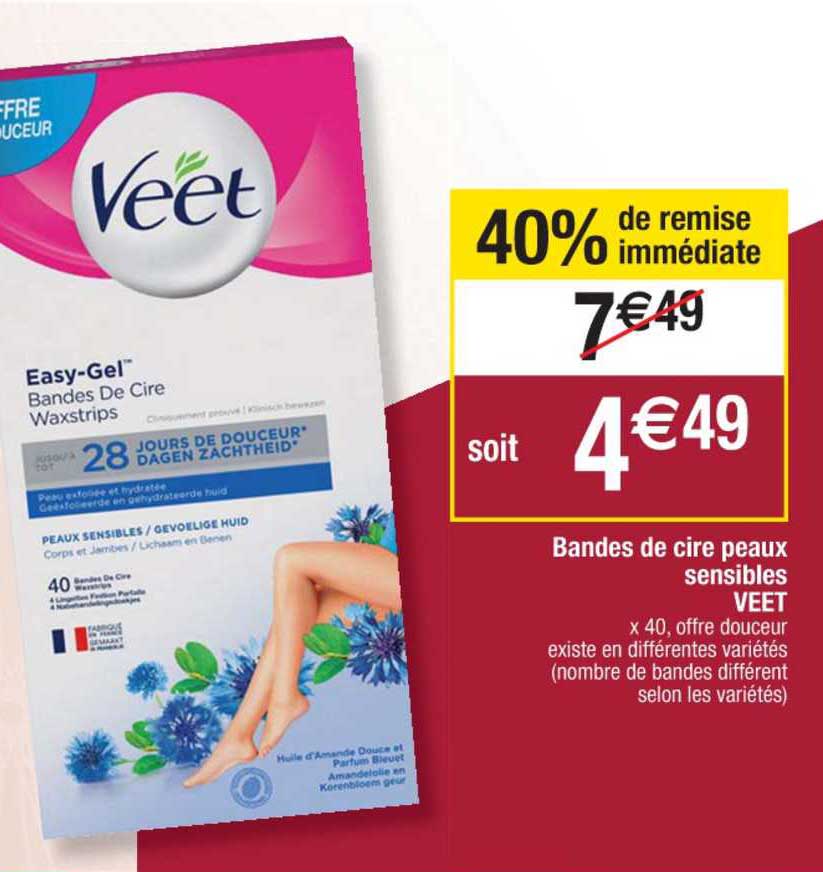 bandes de cire peaux sensibles veet 40% remise immédiate