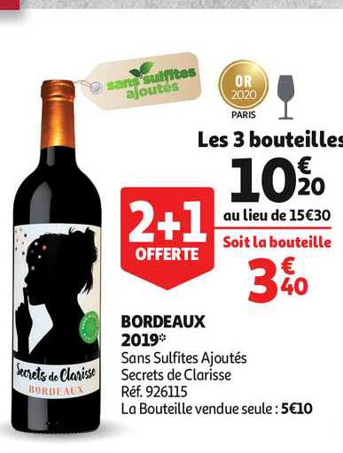 bordeaux 2019 sans sulfites ajoutés secrets de clarisse 2+1 offerte