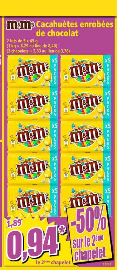 cacahuètes enrobés de chocolat m&m's -50% sur le 2ème chapelet
