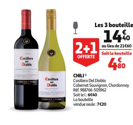chili casillero del diablo cabernet sauvignon chardonnay 2+1 offert