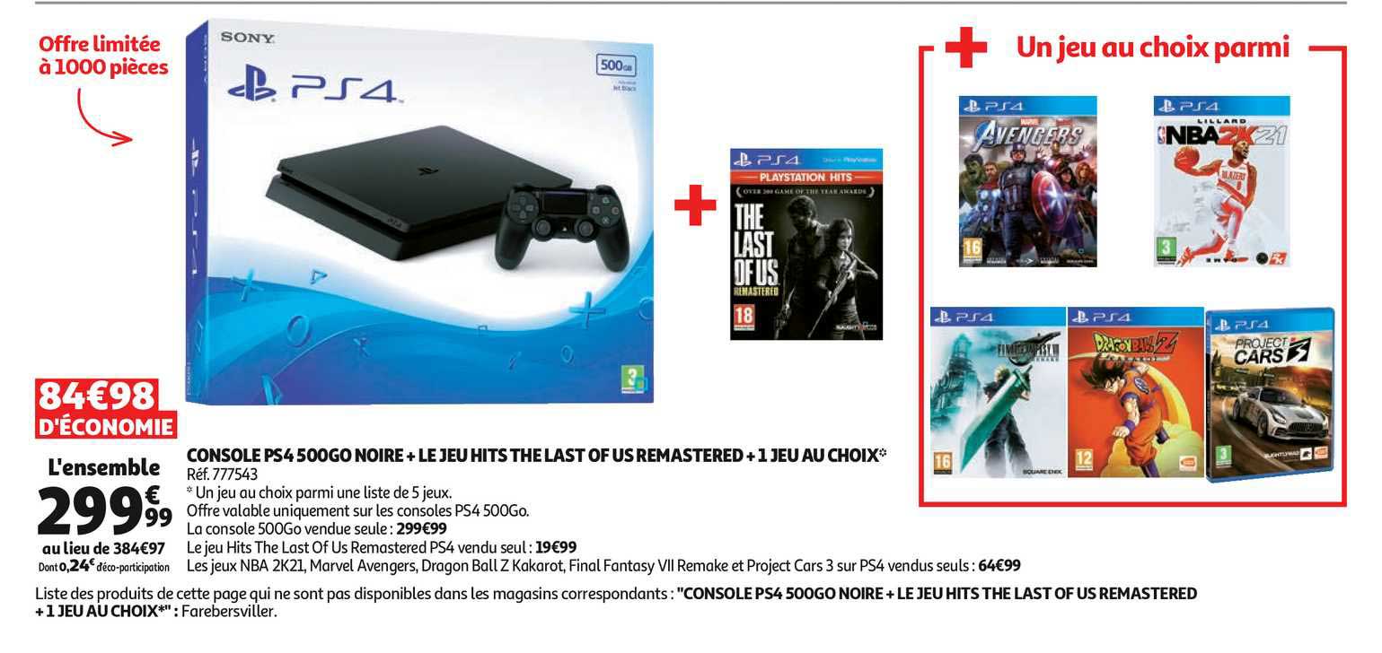 console ps4 500go noire + le jeu hits the last of us remastered + 1 jeu au choix