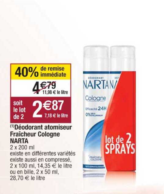 Déodorant Atomiseur Fraîcheur Cologne Narta 40% Remise Immédiate