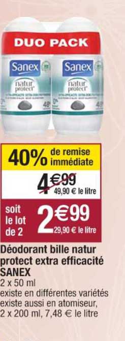 déodorant bille natur protect extra efficacité sanex 40% remise immédiate