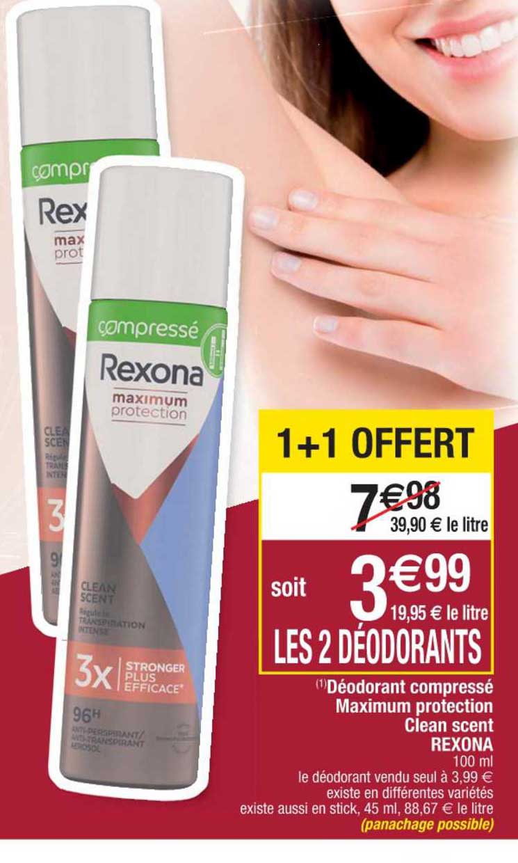 Déodorant Compressé Maximum Protection Clean Scent Rexona 1+1 Offert