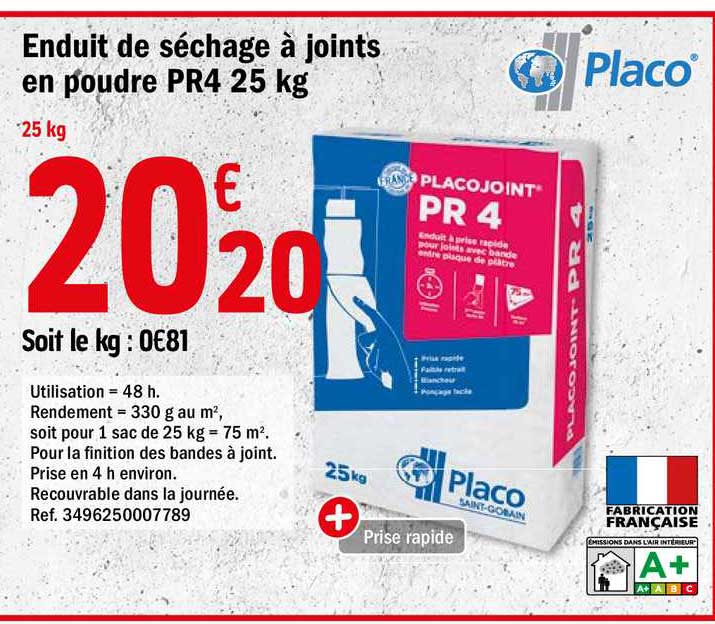enduit de séchage à joints en poudre pr4 25kg placo