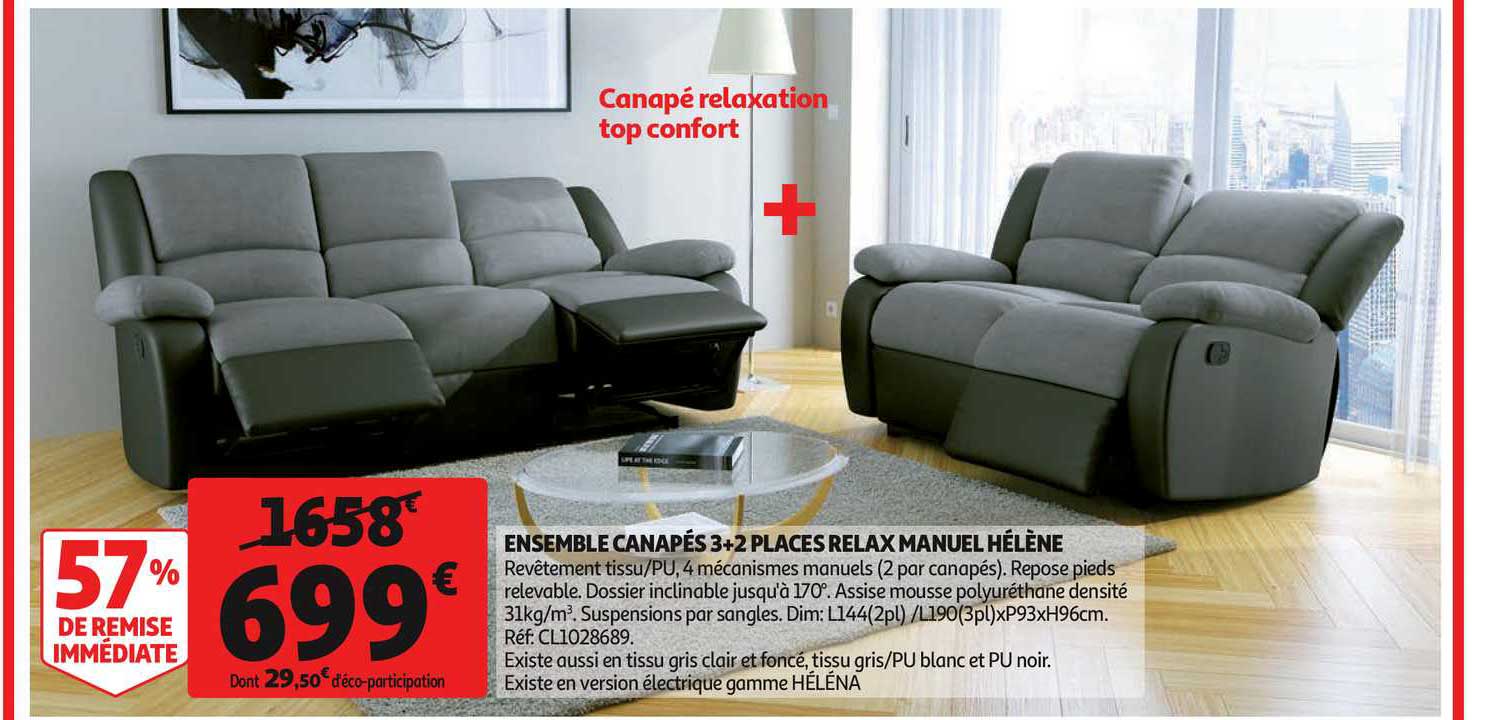 ensemble canapés 3+2 places relax manuel hélène 57% de remise immédiate