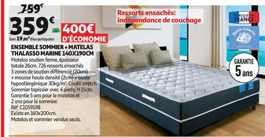 ensemble sommier + matelas thalasso marine 140x190cm