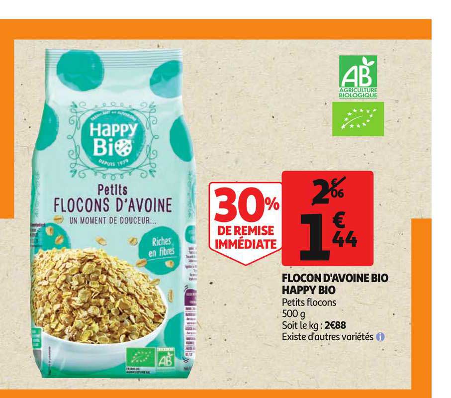 flocon d'avoine bio happy bio 30% de remise immédiate