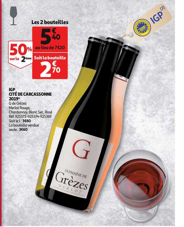 igp cité de carcassonne 2019 g de grèzes merlot rouge chardonnay blanc sec rosé 50% sur la 2ème