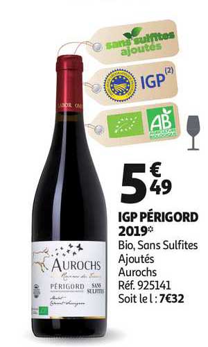 igp périgord 2019 bio, sans sulfites ajouté aurochs