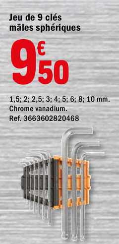 jeu de 9 clés mâles sphériques