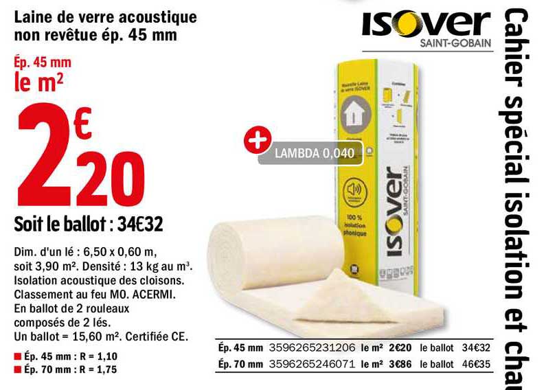 laine de verre acoustique non revêtue ép. 45 mm