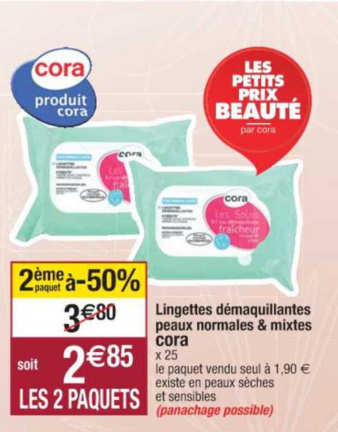 lingettes démaquillantes peaux normales & mixtes cora 2ème paquet à -50%