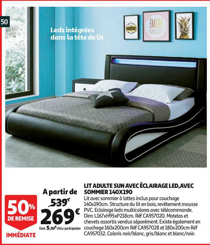 lit adulte sun avec éclairage led, avec sommier 140x190 50% de remise immédiate