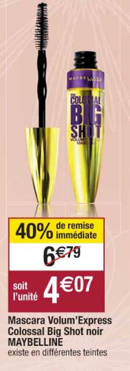 mascara volum'express colossal big shot noir maybelline 40% remise immédiate