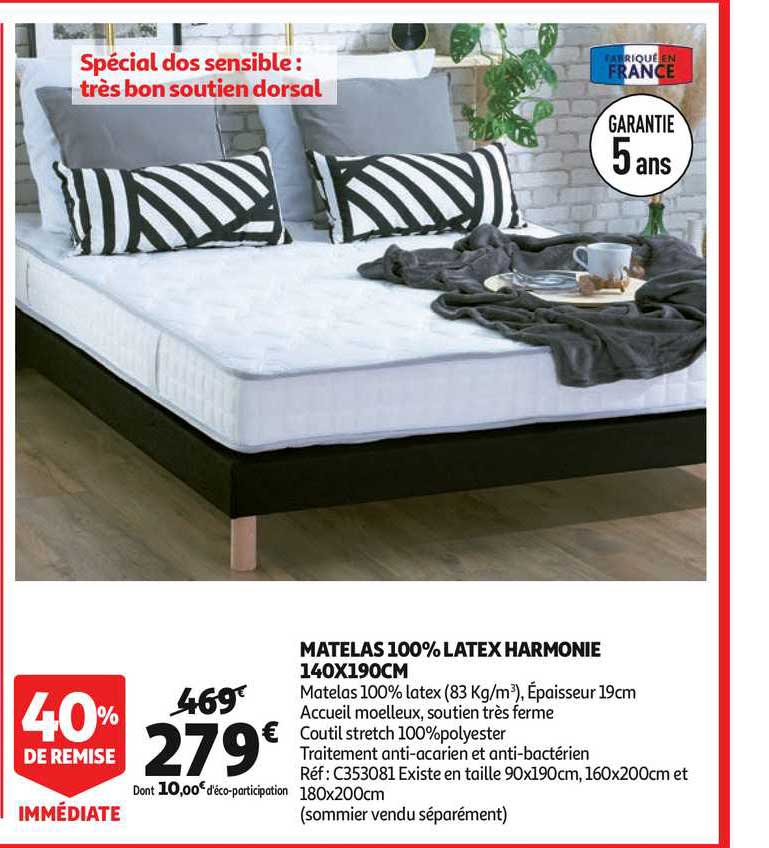 matelas 100% latex harmonie 140x190cm 40% de remise immédiate