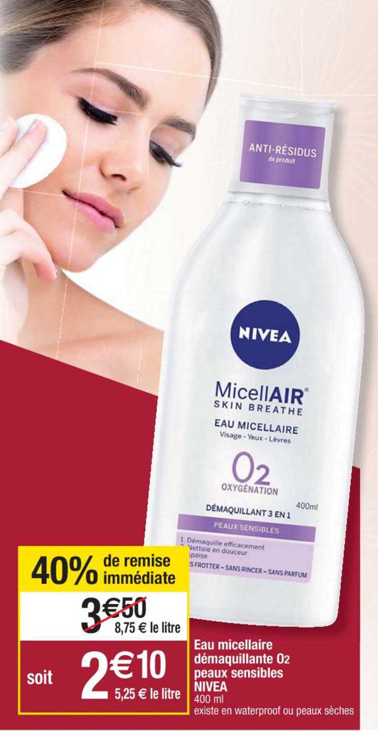 micellair' eau micellaire démaquillante o2 peaux sensibles nivea 40% remise immédiate