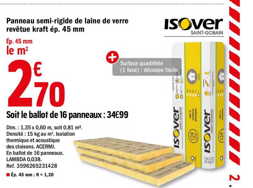 panneau semi rigide de laine de verre revêtue kraft ép. 45mm