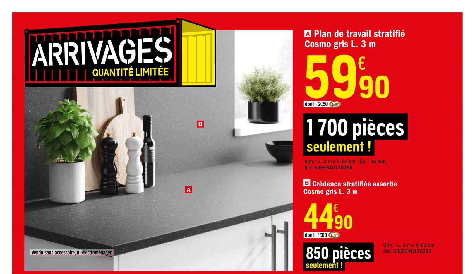 plan de travail stratifié cosmo gris l. 3m