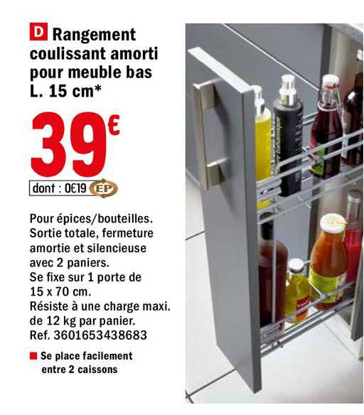rangement coulissant amorti pour meuble bas l. 15cm