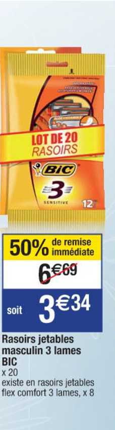 rasoirs jetables masculin 3 lames bic 50% remise immédiate