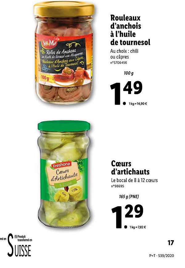 rouleaux d'anchois à l'huile de tournesol cœurs d'artichauts