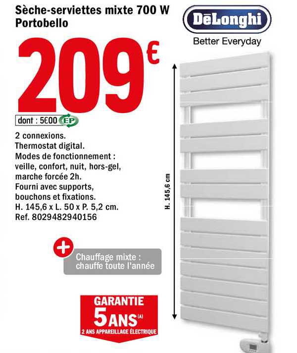 sèche serviettes mixte 700 w portobello delonghi