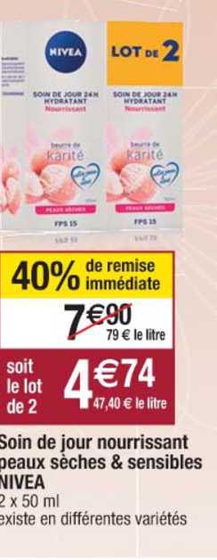 soin de jour nourrissant peaux sèches & sensibles nivea 40% remise immédiate