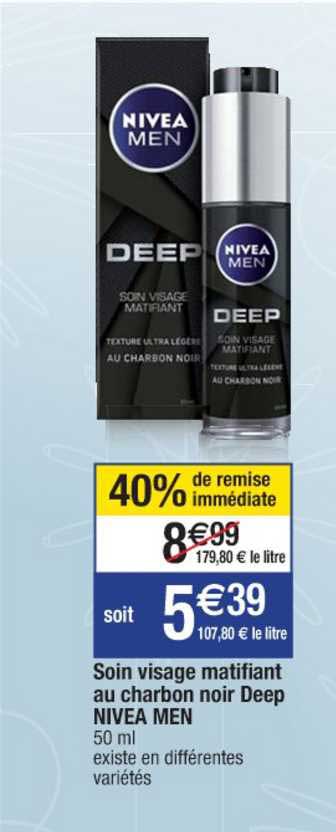 soin visage matifiant au charbon noir deep nivea men 40% remise immédiate