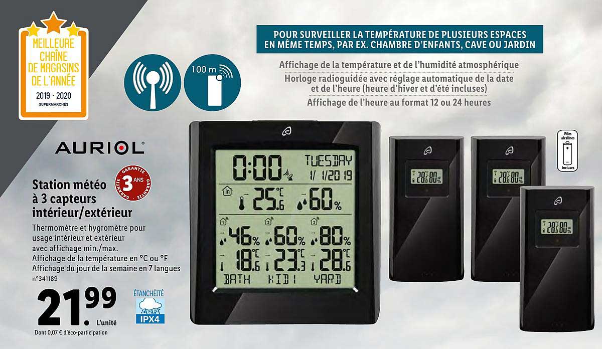 station météo à 3 capteurs intérieur extérieur auriol
