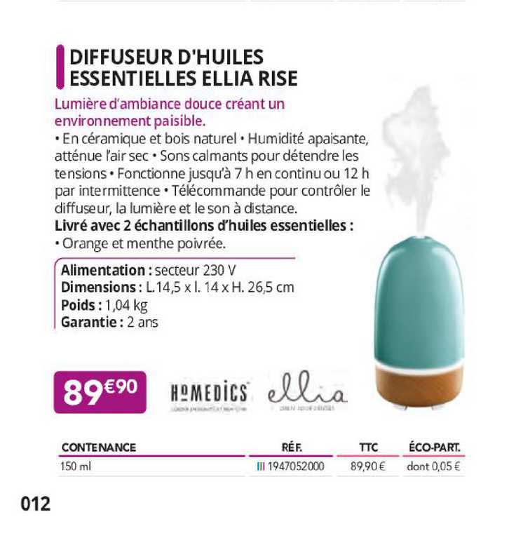 diffuseur d'huiles essentielles ellia rise