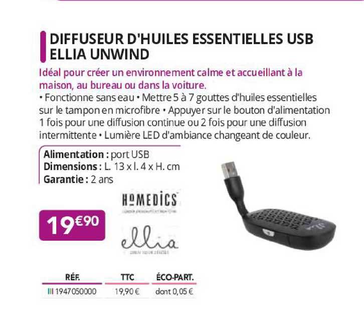 diffuseur d'huiles essentielles usb ellia unwind