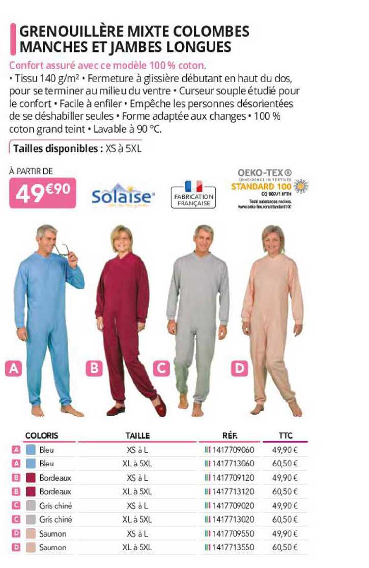 grenouillère mixte colombes manches et jambes longues solaise