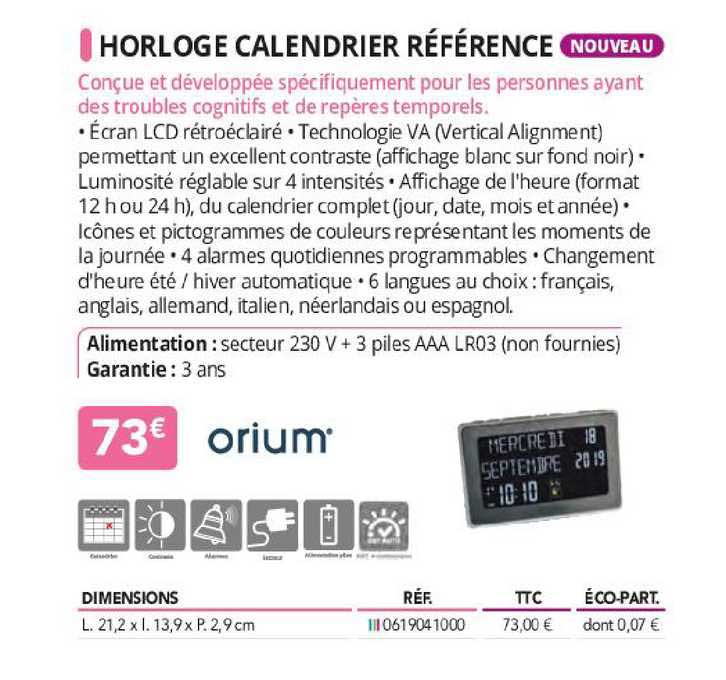 horloge calendrier référence orium