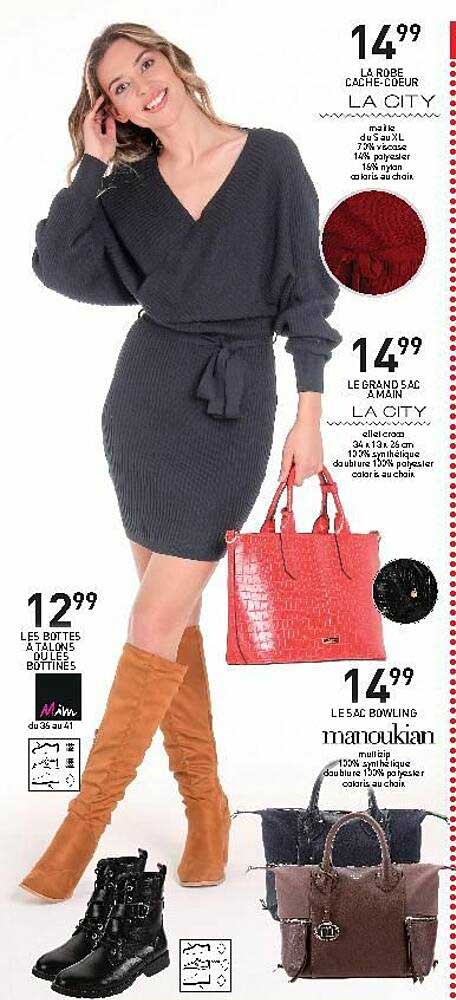 la robe cache-cœur la city, le grand sac à main la city, le sac bowling manoukian, les bottes à tallons ou les bottines