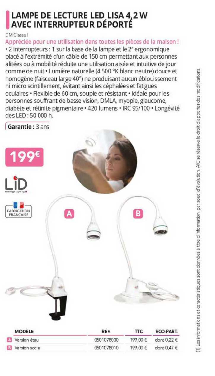 lampe de lecture led lisa 4,2 w avec interrupteur déporté