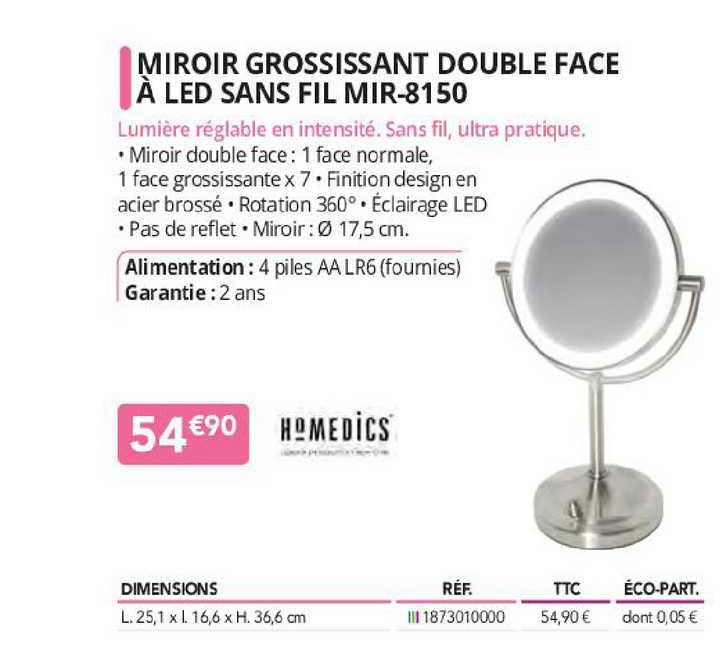 miroir grossissant double face à led sans fil mir-8150 homedics
