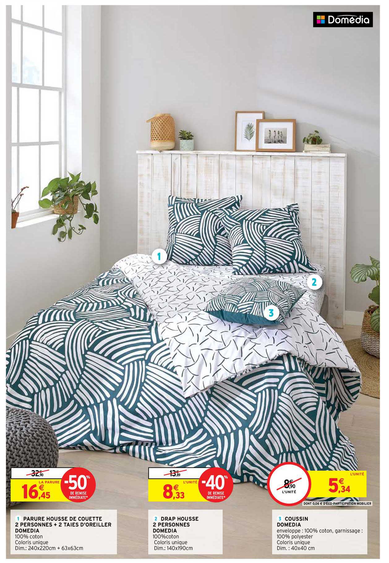 parure housse de couette 2 personnes + 2 taies d'oreiller domédia, drap housse 2 personnes domédia, coussin domédia