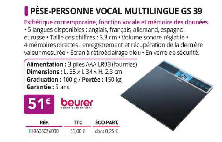 pèse-personne vocal multilingue gs 39 beurer