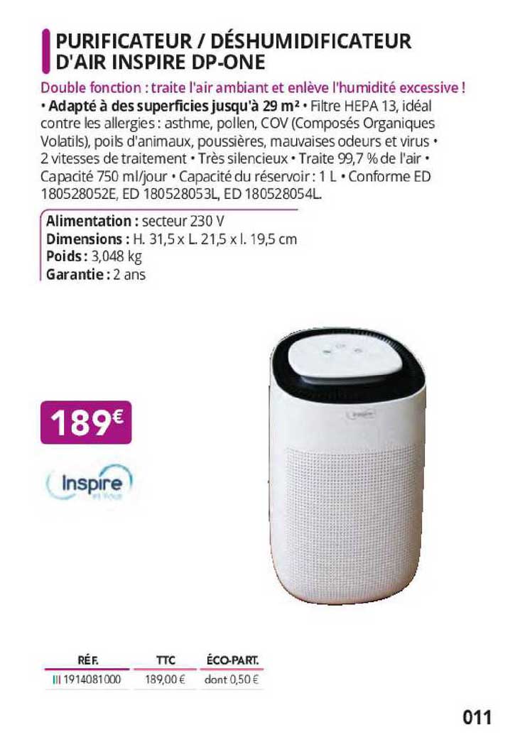 purificateur - déshumidificateur d'air inspire dp-one