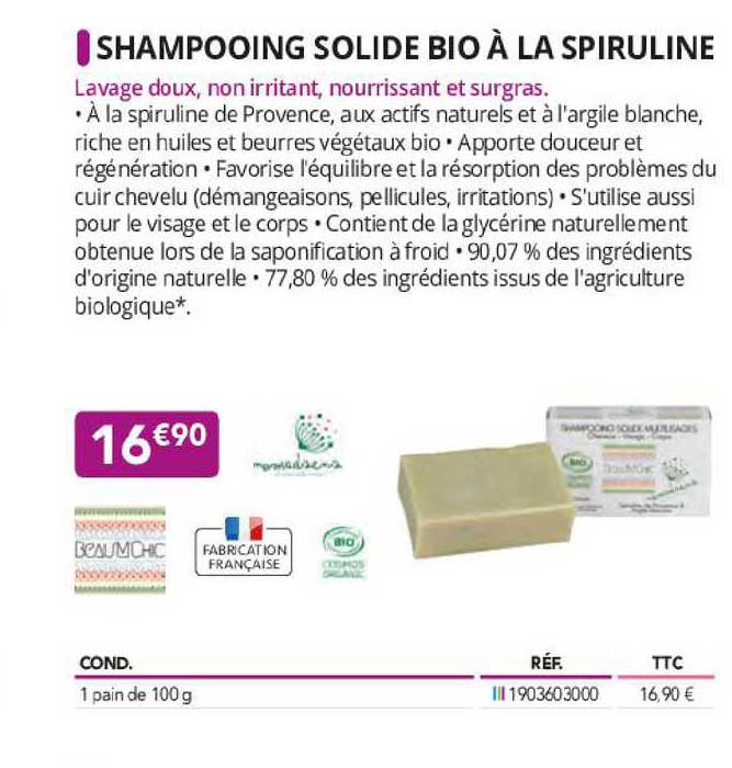 Shampooing Solide Bio à La Spiruline