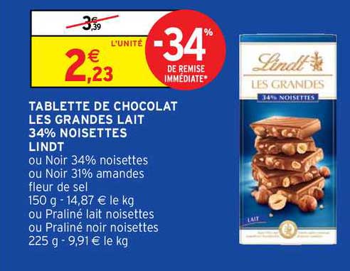 tablette de chocolat les grandes lait 34% noisettes lindt